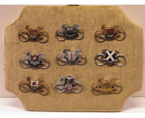 Nine Bicycle Badges.  A set of collectible enamel bicycle, county and town badges, each with an armorial, Ventnor, Windsor, S