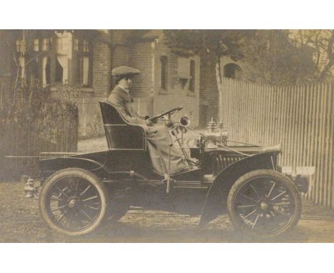 A c1903 10-12 hp Sunbeam two-seater in profile, with a full set of Salsbury lighting, and accessories. Mounted on card, penci