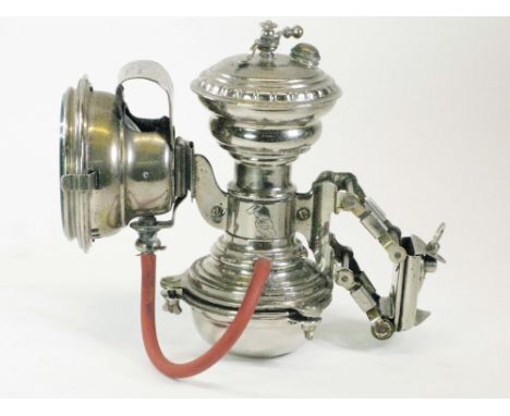 A c1903 Schmitt Acetylene Gas Lamp.  Engraved L. Sallermand (the original owner?) on the heat cowl, original nickel-plating t
