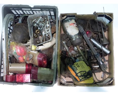 An Assortment  of battery lighting, pedals and oil cans. (2 boxes)