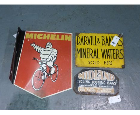 Three Signs. 'Midland Cycling Touring Bags' and a small single-sided sign, 'Darvill &amp; Bakers Mineral Water' two-colour en