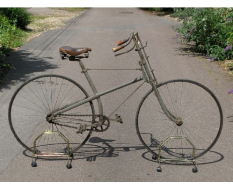 A c1890 Cross-Frame Safety Bicycle. A barn discovery in recent years, this sound restoration project features ¾-inch rims and