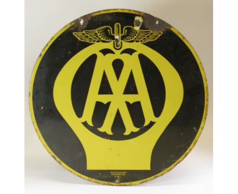 AA Enamel Hanging Sign.  A two-colour double-sided sign by Franco, from the Edwardian period. Some surface damage, otherwise 