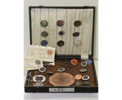 C.T.C. Lapel Badges  and rally badges, to include a rare CTC enamel bicycle mounting badge. All in fair condition and housed 
