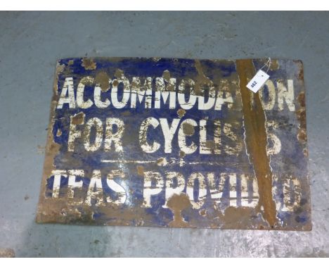 Enamel Sign.  'Accommodation for Cyclists - Teas Provided'. A two-colour, single-sided, rectangular sign. Much surface damage