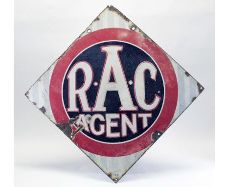 R.A.C. Agent.  A four-colour single-sided enamel sign, some edge damage, otherwise good. 20 x 20-inches.