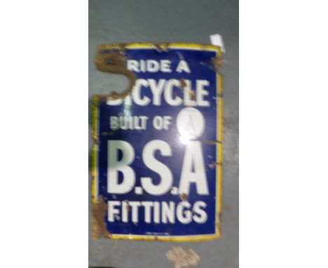 Enamel Sign. 'Ride a Bicycle Built of B.S.A. Fittings'. A three-colour, single-sided sign. A piece missing, some surface dama