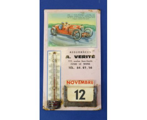 Alpha Romeo P2. A perpetual advertising calendar for 'A. Verte Assurance' of Le Mans having a colour image of Giuseppe Campar