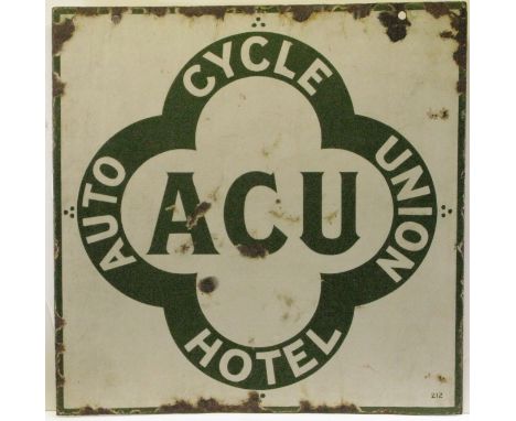 A.C.U. Enamel Sign.  A two-colour double-sided Auto Cycle Union Hotel hanging sign, in good condition save for some edge chip