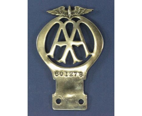 An Automobile Association Motorcar Badge.  A solid nickel example numbered 601278 (1928) with embossed AA address and standar