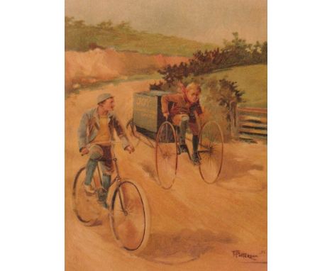 Ordinary Bicycles. Two photographs of riders standing beside their bicycles, a Frank Patterson colour print and four other fr