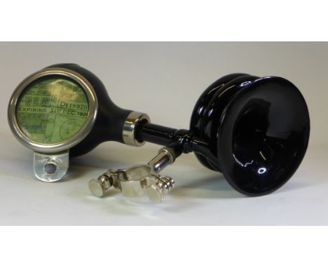 Motorcycle Bulb Horn.  A triple-twist veteran motorcycle bulb horn in working condition, black enamel finish with a nickel-pl