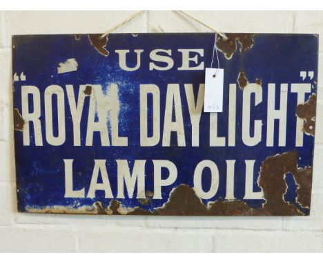 Enamel Sign. ‘Use Royal Daylight Lamp Oil’, a two-colour, single-sided hanging sign. Also, a Royal Enfield enamel sign. Some 