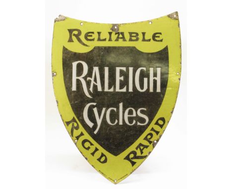 Raleigh Cycles - Reliable - Ridged - Rapid. A three-colour single-sided shield-shaped enamel sign. In good fettle save for li