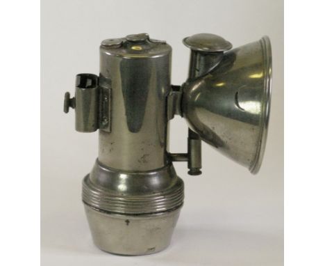 A 1900 F. Baldwin 'Crescent' Acetylene Gas Lamp.  With its original nickel-plated finish, this lamp was unusual in that side 