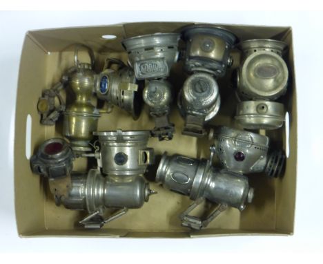 Acetylene Gas Bicycle Lamps. Six front lamps in fair condition dating from the 1920s, and a P&amp;H motorcycle rear lamp. (7)
