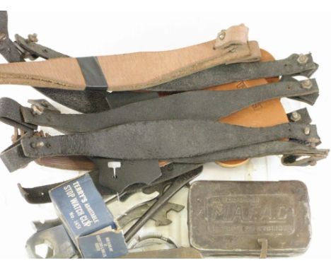 Bicycle Tools.  A Mafac tin with Mafac tools, leather toe clips and other tools. (Qty) 