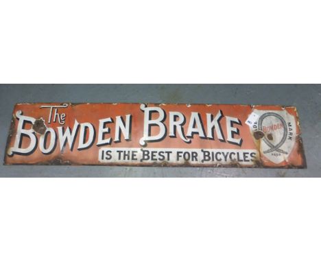 Enamel Sign.  'Bowden Brake - Is the Best for Bicycles', three colour, single-sided linear sign. Some surface damage. 54 x 12
