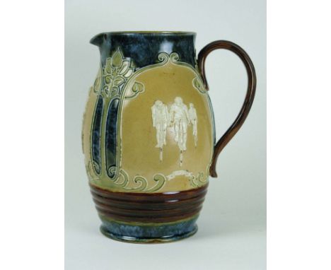 Cycling Pitcher by Doulton of Lambeth,  having three appliqué depictions of cyclists in different guises: Military, Path and 