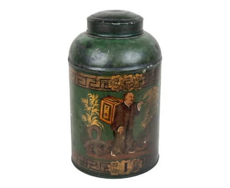A green-lacquered toleware tea tin Of cylindrical form with a decorative painting to the front depicting a Chinese gentleman 