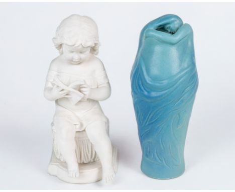 Two items of ceramic The first a Van Briggle blue pottery vase with moulded decoration of a maiden hugging the rim of the vas