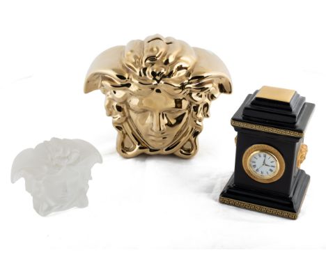 A collection of Rosenthal for Versace desk ornaments To include a 'Gorgona' black ceramic desk clock; a frosted glass Medusa 