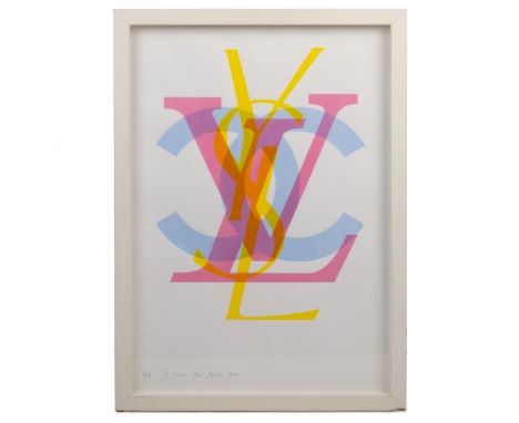 Jimi Jugio (Contemporary British) '3 Sum', depicting the Chanel, Louis Vuitton, and Yves Saint Laurant logos, screenprint on 