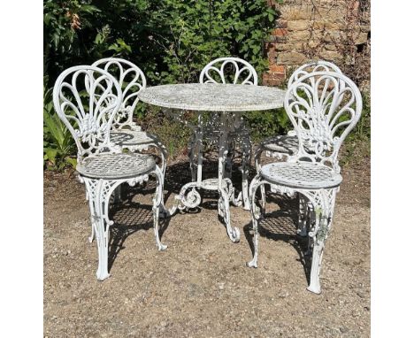 A suite of late 20th century white painted aluminium garden furniture To comprise of a set of five single chairs with balloon