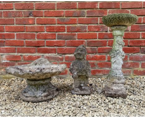 A group of three garden ornaments The three cast reconstituted stone ornaments consisting of a small fountain with a shell-sh
