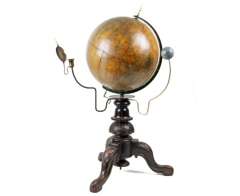 A terrestrial globe With moon and candleholder with reflector to imitate the suns rays, raised on a mahogany base82cm highNot