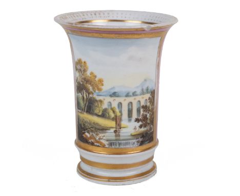 A Nantgarw porcelain spill vase The vase decorated with a view of a viaduct over a river, with stamped mark beneath, circa 18