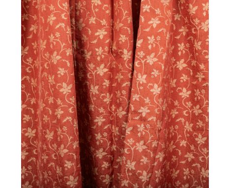 Two pairs of interlined curtains The red ground curtains with a trailing foliate design within a light brown border to the ba