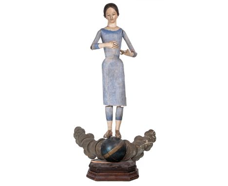 A 19th century Continental religious mannequin Of a Saint or The Madonna, with movable arms, a painted head and hands, and wi