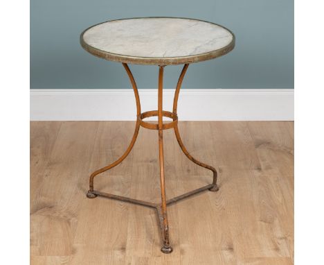 A marble topped Arras style occasional table The white marble circular top with a chrome band raised on tripod legs united by