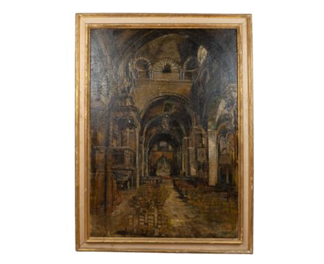 In the manner of Pollock Sinclair Nisbet ARSA (Scottish 1848-1922) The interior of a Romanesque church, oil on canvas.Qty: 1G