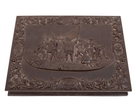A full plate brown thermoplastic daguerreotype case Featuring the landing of Colombus by Littlefield, Parsons &amp; Co, die c