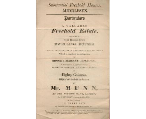 Sales Notice. 7½ x 12½ of freehold houses, Middlesex. Particulars of a valuable freehold estate. Consisting of four roomy bri