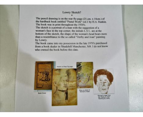 A pencil sketch discovered to the back of a book 'Pastel Work Vol 1' by H A Rankin, the sketch of a human head and bearing th