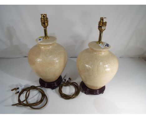 A pair of good quality ceramic table lamps set on wooden plinths, 38 cm (h). Estimate £20 - £40