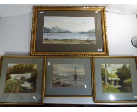 Five original paintings comprising four watercolours of which one by C M McCurdy, lake view with mountains in the distance, i