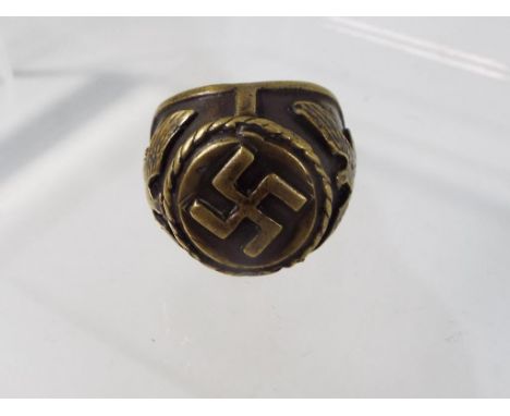 A German officer's white metal ring decorated with Swastika, Eagle and Wreath, size U + 1/2 
