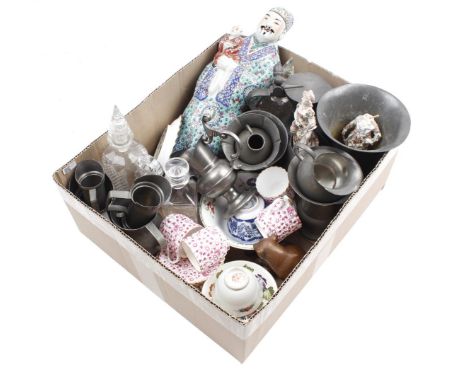 Box of various tin (including Kayserzinn), crystal and porcelain including Chinese statue (glued) and cups and saucers