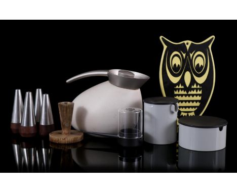 Lot Danish including thermos flask marked Georg Jenssen Denmark, 2 plastic lidded pots marked Stelton, design; Erik Magnussen