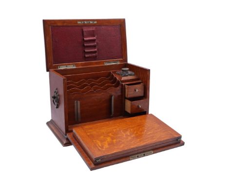 Oak English writing box with writing utensil holder, compartments for letters, inkwell, drawers and fold-out writing tray, 22