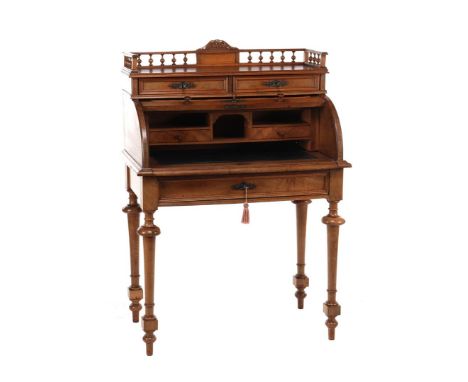 Mahogany veneer on oak cylinder desk with raised railing, 2 drawers, in nest 2 drawers, open compartments, pull-out worktop g