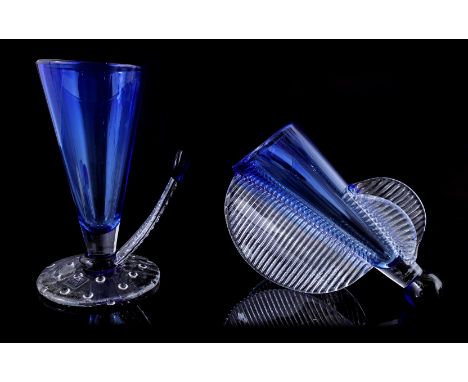 Clear with blue modern designed decorative glass carafe and glass, marked with sticker Art Czech Republic and handwritten num