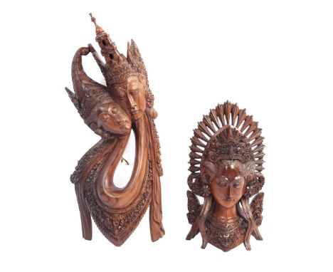 2 richly carved wooden statues of Rama and Sita and lady, Bali ca. 1920, 47x19 cm and 30x16 cm