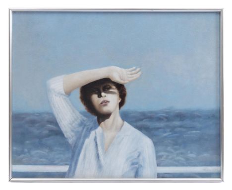 Signed Ellis, woman standing at railing in full sun, on the open sea, panel dated 1977, 60x75 cm