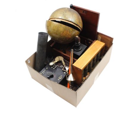 Box of various items including brass inclinometer, metal salinometer, marked C. Wilh. Stein Sohn Hamburg, in metal storage tu
