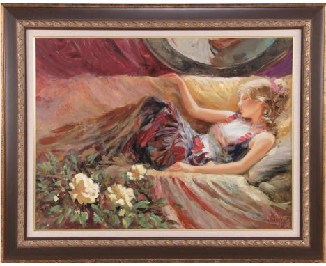 Vladimir Volegov (1957-)Young lady with roses, back titled Yellow Roses, oleograph numbered 13/15, external dimensions are 10